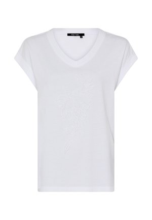 White short-sleeve V-neck shirt with subtle floral embroidery on the front, made by Marc Aurel, size 36.