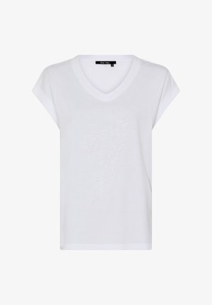 Weißes T-Shirt mit kurzen Ärmeln und V-Ausschnitt, mit dezentem Blumenstick auf der Vorderseite, hergestellt von Marc Aurel, Größe 36.