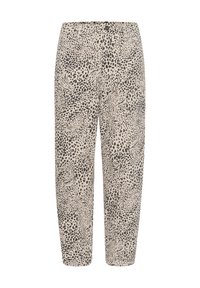 Pantalons à imprimé léopard avec un fond beige, dotés d'une taille élastique, de jambes droites et d'une texture de tissu douce.