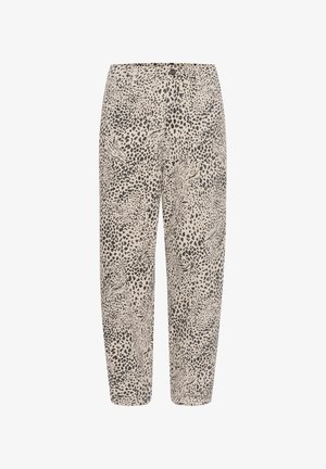 Leopard print pants with a beige background, featuring an elastic waistband, straight legs, and soft fabric texture.