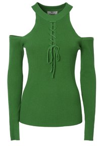 Gestreifter grüner Strickoberteil mit hohem Kragen, offenem Schulterdesign und Schnürung an der Vorderseite. Enganliegende lange Ärmel, glatte Textur.