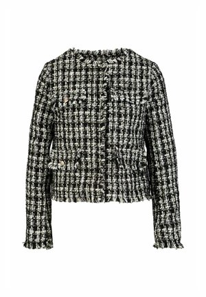 Tweed jas in zwart en wit met franjes, sluiting met knopen aan de voorkant, twee zakken en een gestructureerd ontwerp.