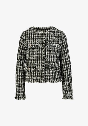 Tweed jas in zwart en wit met franjes, sluiting met knopen aan de voorkant, twee zakken en een gestructureerd ontwerp.