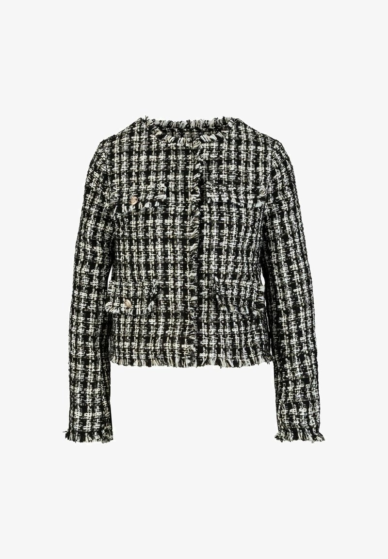 Tweed jas in zwart en wit met franjes, sluiting met knopen aan de voorkant, twee zakken en een gestructureerd ontwerp.