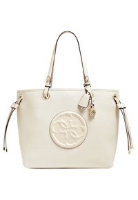 Witte leren tote bag met dubbele handvatten, geperst logo aan de voorkant, kwastaccenten en een gouden hangslotdetail. Gladde textuur.