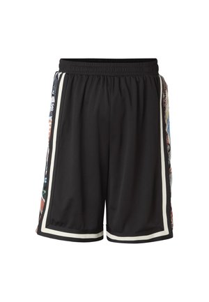 Schwarze Sportshorts mit weißer Einfassung und mehrfarbigen gemusterten Seitenteilen, ausgestattet mit einem elastischen Bund, präsentiert vor weißem Hintergrund.