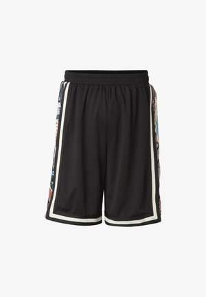 Sorte atletikshorts med hvid kant og flerfarvede mønstrede sidepaneler, med elastisk talje, vist mod en hvid baggrund.