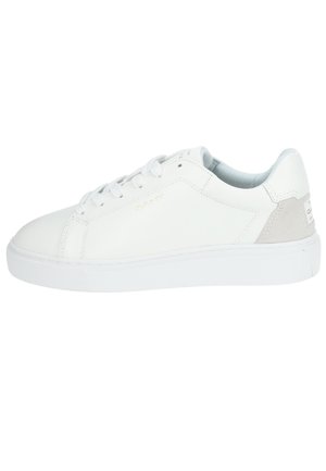 White leather sneaker with a smooth finish, lace-up design, light gray suede accent on the heel, and a textured white rubber sole.