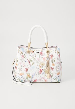 Floral-patterned handbag with a white base, featuring a braided white handle, gold hardware, and a detachable chain with charm accents.