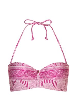 Pink and white patterned bandeau bikini top with a halter neck tie and a small central metal detail.