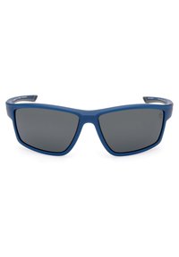 Gafas de sol de plástico azul con forma angular, lentes gris oscuro y acabado texturizado en las varillas. Presenta un logo en una de las varillas.