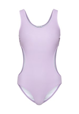 Lilla ühes tükis ujumistrikoo, millel on lihtne disain, kumer kaelus, külje lõikeavad ja tekstuuriga kangas mugavuseks.