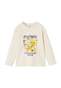Cremfarbendes Langarm-T-Shirt mit einem bunten Pokémon-Graphic, das Pikachu und andere Charaktere zeigt. Aus smoother Baumwollmischung gefertigt.