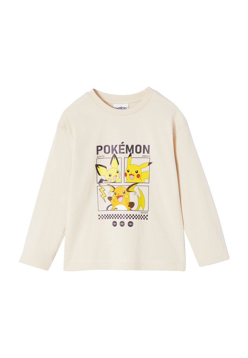 Cremfarbendes Langarm-T-Shirt mit einem bunten Pokémon-Graphic, das Pikachu und andere Charaktere zeigt. Aus smoother Baumwollmischung gefertigt.