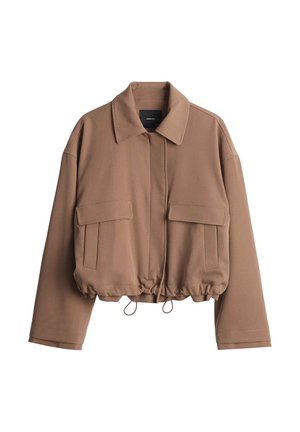 Cropped brown jacket in soft fabric with a spread collar, front zip closure, two side pockets, and adjustable drawstring hem.