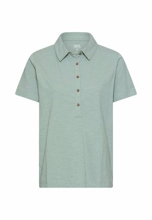 Light green short-sleeve polo shirt with a collar and five brown buttons down the front center.
