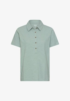 Light green short-sleeve polo shirt with a collar and five brown buttons down the front center.