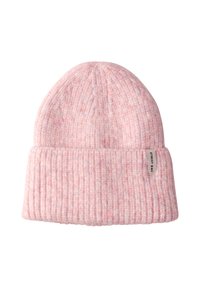 Berretto lavorato a maglia morbido di colore rosa chiaro con risvolto e una piccola etichetta bianca con la scritta "Street One" su sfondo bianco.