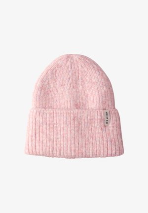 Weiche rosa Strickmütze mit umgeschlagenem Rand und einem kleinen weißen Etikett mit der Aufschrift "Street One" auf weißem Hintergrund.
