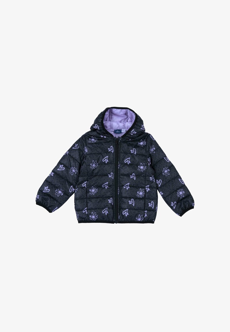 Veste matelassée noire avec motifs floraux et de cœurs violets, fermeture à glissière intégrale, poignets élastiques et capuche doublée de tissu violet.