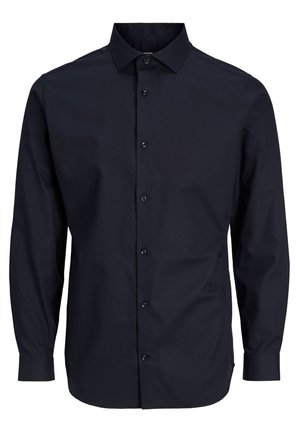 Navy blue button-up shirt with long sleeves, standard collar, front placket, smooth texture, and single-button cuffs.