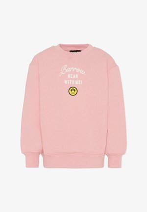 Felpa rosa con scollatura tonda e maniche lunghe. Presenta testo bianco "Barrow BEAR WITH ME!" e una grafica di una faccina sorridente gialla.