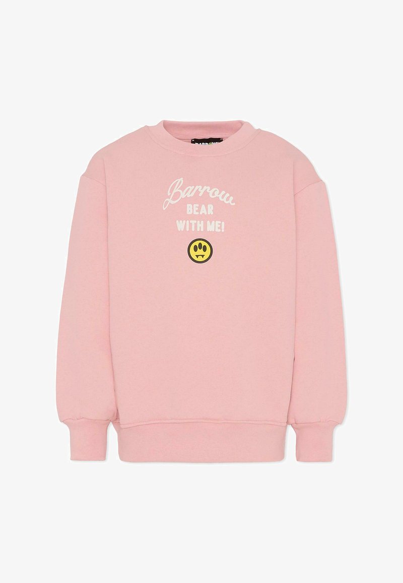 Felpa rosa con scollatura tonda e maniche lunghe. Presenta testo bianco "Barrow BEAR WITH ME!" e una grafica di una faccina sorridente gialla.