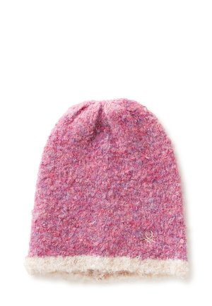 Knit beanie in pink and lavender shades, featuring a fuzzy white brim and a textured fabric with subtle color variations.