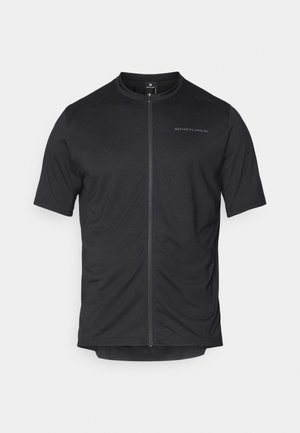 Schwarzes kurzärmliges Radtrikot mit Reißverschluss vorne, aus leichtem Stoff gefertigt. Hat ein minimalistisches Design mit eingeprägtem Logo auf der Brust.