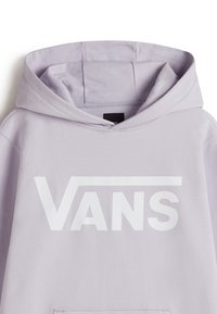 Felpa lilla realizzata in tessuto morbido con tasca a marsupio, caratterizzata da un grande logo bianco "VANS" sulla parte anteriore e un cappuccio con coulisse.