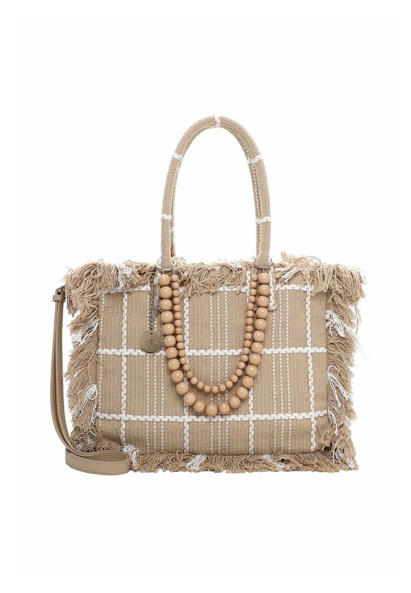 Beżowa pleciona torebka z frędzlami na krawędziach, z wzorem w kratkę. Ozdobiona drewnianymi koralikami, posiada dwie rączki oraz odpinany pasek.
