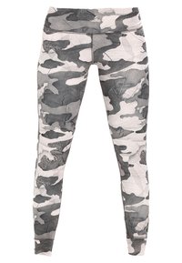 Legginsy w kamuflażu w odcieniach szarości i bieli, z teksturowanym wzorem zawierającym abstrakcyjne kształty i dopasowanym fasonem.