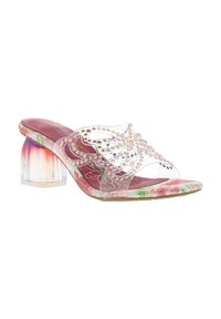 Transparent heeled sandals featuring a butterfly design, rhinestone accents, and a multi-colored floral printed insole with a block heel.