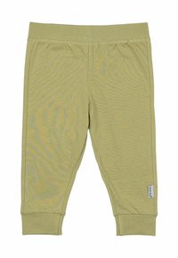 Hellgrüne Baumwollleggings mit elastischem Bund, gerippten Bündchen und einem kleinen Logosticker an der Seite. Weiche Textur und schlichtes Design.