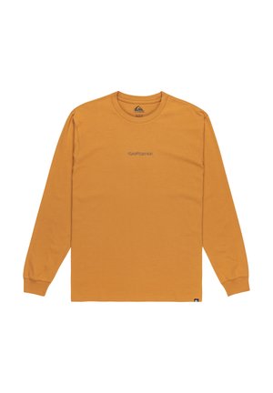 Langärmliges Hemd aus senfgelbem Baumwollstoff mit Rundhalsausschnitt. Verfügt über ein kleines Quiksilver-Logo in Grau auf der Vorderseite. Weiche Textur.