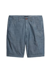 Niebieskie szorty z chambray, z płaskim przodem, dwiema kieszeniami bocznymi, zapięciem na guzik oraz wykończeniem szwami wzdłuż dołu.