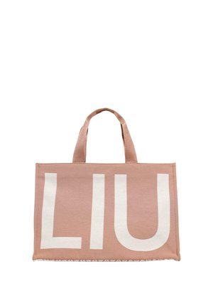 Borsa tote rettangolare rosa polvere con due manici corti e grandi lettere bianche "LIU" stampate sul davanti.