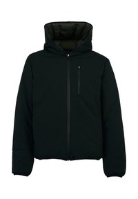 Giubbotto imbottito nero con cappuccio, chiusura a zip frontale, polsini elasticizzati e tasca sul petto. Presenta un materiale esterno liscio e una fodera interna cucita.