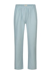 Lichtblauwe pyjamabroek met een elastische tailleband, met verticale witte strepen, gemaakt van zachte stof met een gladde textuur.