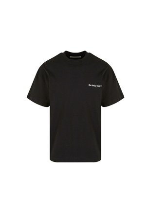 Black cotton t-shirt with a crew neck and short sleeves. Features "Slow Sunday Club" logo in white on the left chest. Classic fit.