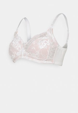 Sutiã com rendas em rosa claro, com copas suaves e alças ajustáveis. Apresenta detalhes de padrão floral e um painel traseiro liso.
