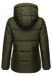 Olive green puffer jacket with a hood, featuring horizontal quilted sections, elastic cuffs, and a logo patch near the hem.
