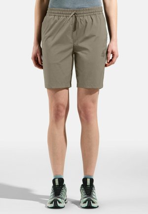 Pantaloni corti khaki con vita elastica, cordino e dettaglio con logo. Il materiale sembra leggero e liscio, con una vestibilità rilassata.