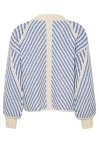 Pull en tricot avec des rayures diagonales bleues et blanches, encolure ronde et coupe ample. Dispose de poignets et d'ourlet côtelés, tissu texturé.