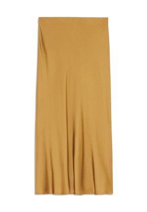 Mosterdgele, knie-lange rok gemaakt van zacht materiaal met een gladde textuur, met een eenvoudig A-lijn ontwerp en zonder zichtbare patronen.