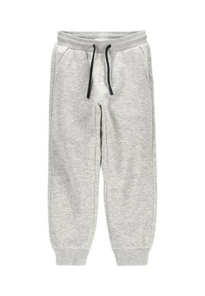 Light gray sweatpants with an elastic waistband, black drawstring, side pockets, and ribbed cuffs at the ankles.