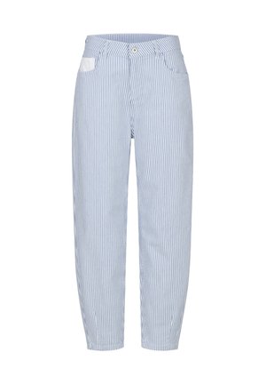 Light blue and white vertically striped pants with a button and zipper closure, front pockets, and tapered legs.