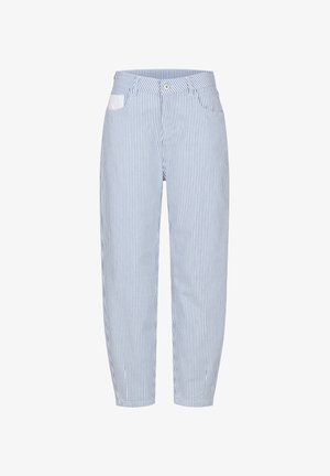 Light blue and white vertically striped pants with a button and zipper closure, front pockets, and tapered legs.