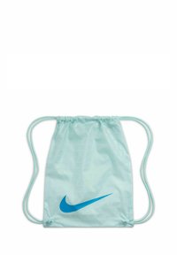 Sacca azzurra chiara con finitura lucida; presenta un prominente logo blu della Nike e una texture liscia simile al nylon.