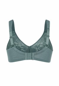 Weicher Türkisfarbener BH mit verstellbaren Trägern, Haken-Ösen-Verschluss am Rücken und Spitzenbesatz auf dem oberen Rückenbereich.